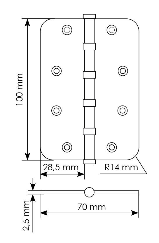 Петля стальная MSN-C 100X70X2.5-4BB SG скругленная универсальная с подшипником, вес полотна до 40 кг, цвет матовое золото фото купить в Алматы