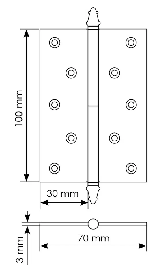 Петля карточная латунная разъемная MB 100X70X3 SC L C с коронкой левая, врезная, цвет матовый хром фото купить в Алматы